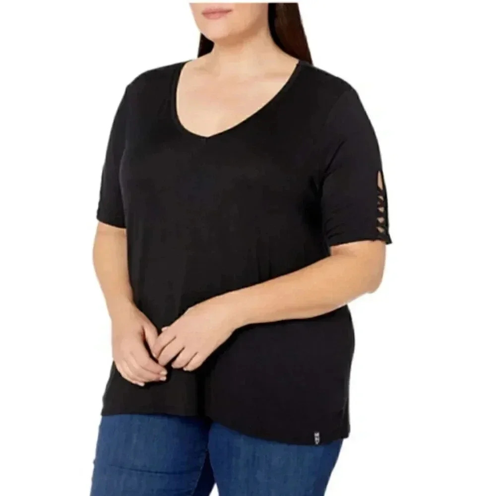 MARC NEW YORK Performance Plus Lace-Up Sleeve Soft Jersey T-shirt, Black NWT 1X - Picture 2 of 6